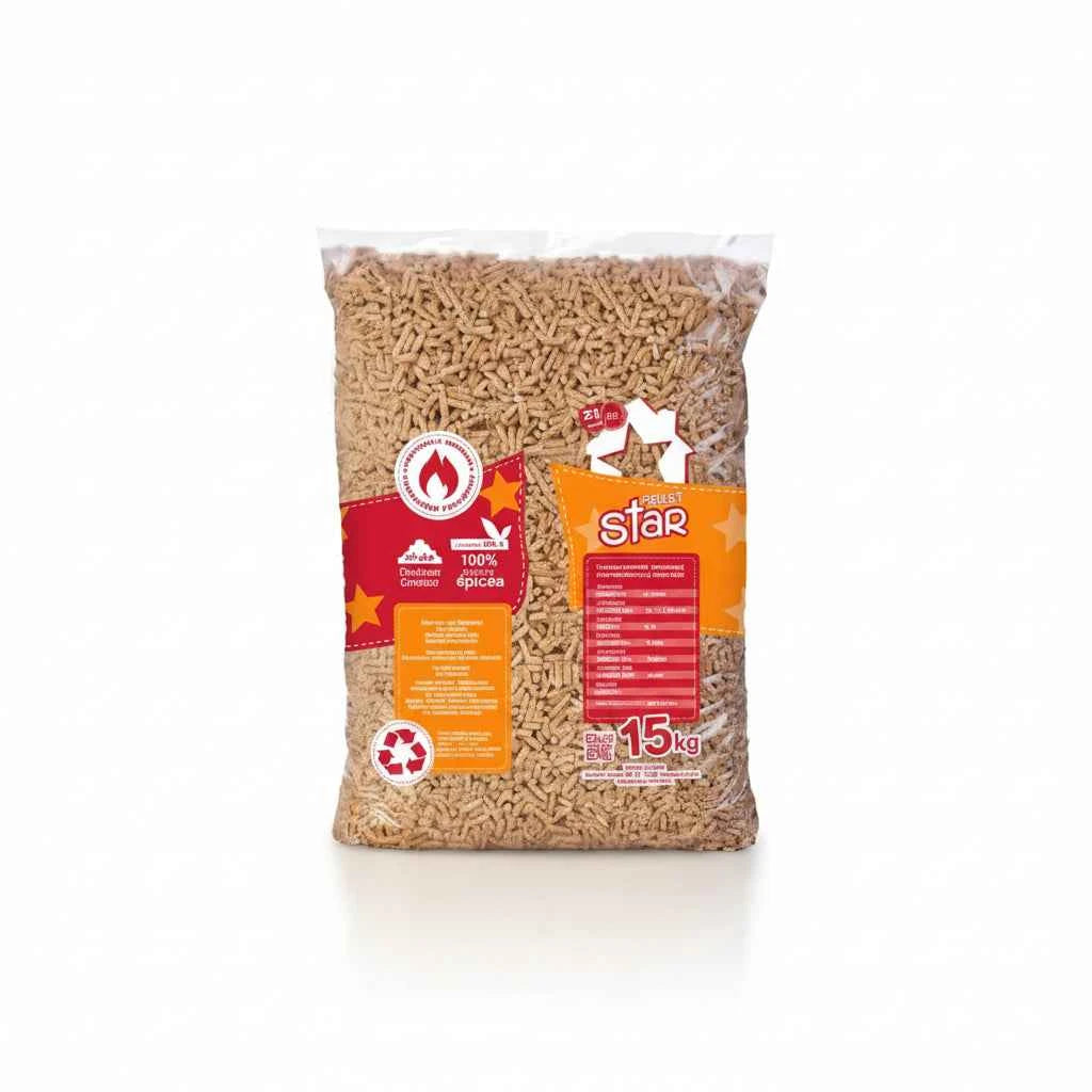 Granulés de bois Pellet Star 100% Épicéa Briand combustibles, sacs de 15 kg, granulés de chauffage écologique et haute qualité