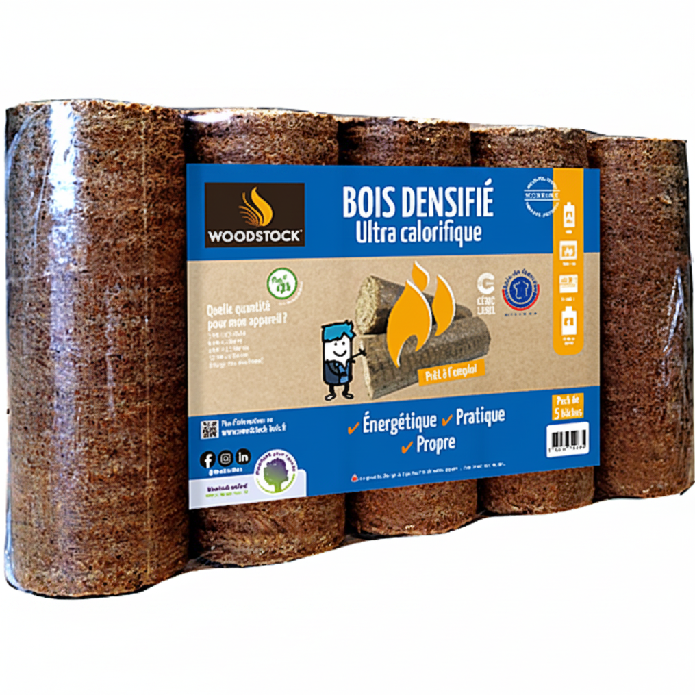 Palette de 104 packs de bois densifié Briand combustibles, bûches haute performance pour cheminée et chauffage.