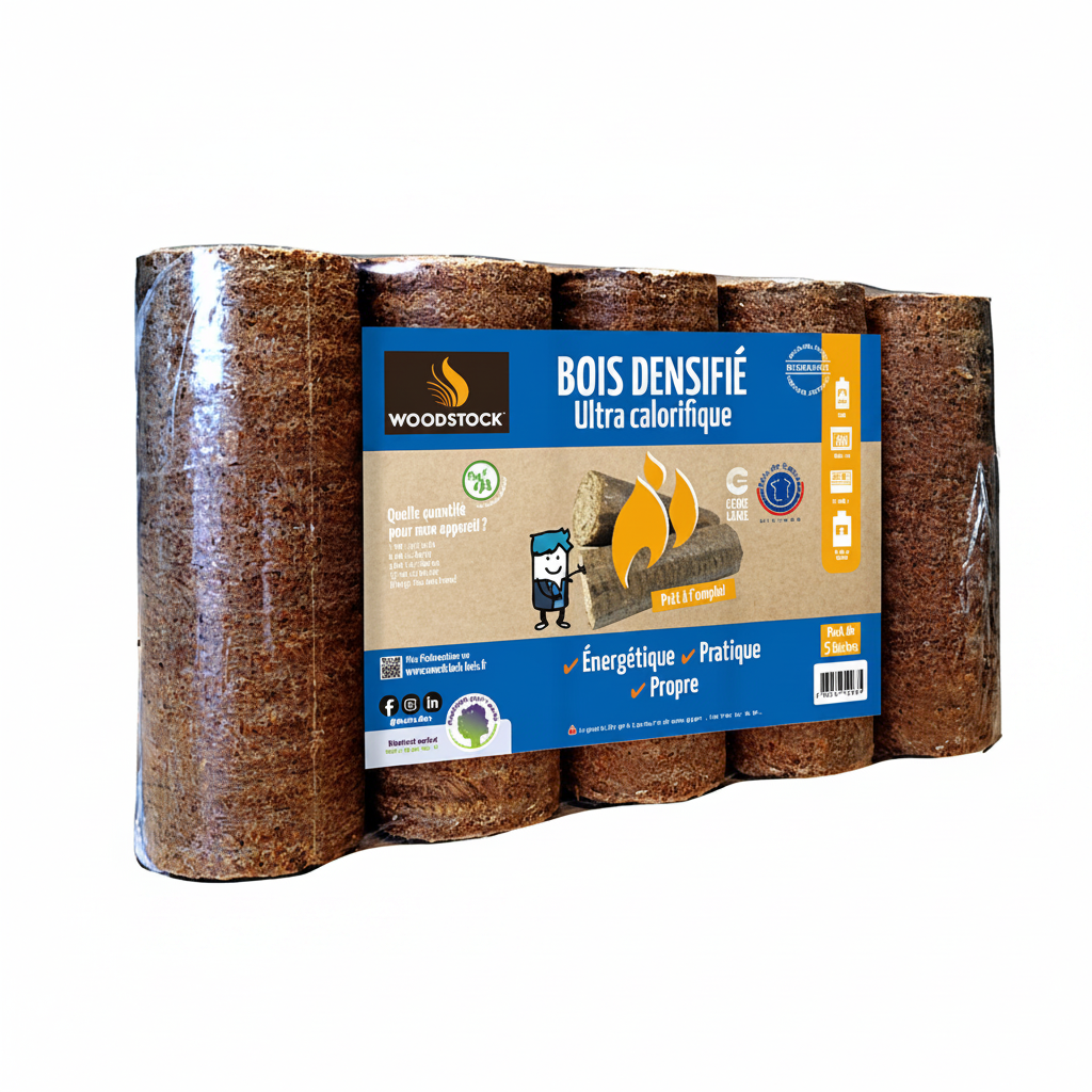 Lot de 3 palettes de bois densifié Woodstock Briand Combustibles, bûches compactes pour chauffage, image de palettes en bois.