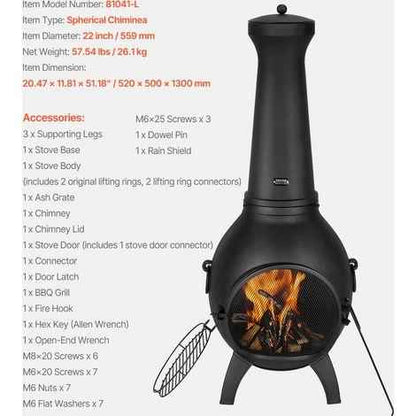 Cheminée d'extérieur VEVOR avec barbecue en aluminium robuste, 130 cm, et housse imperméable, idéale pour les repas en plein air.
