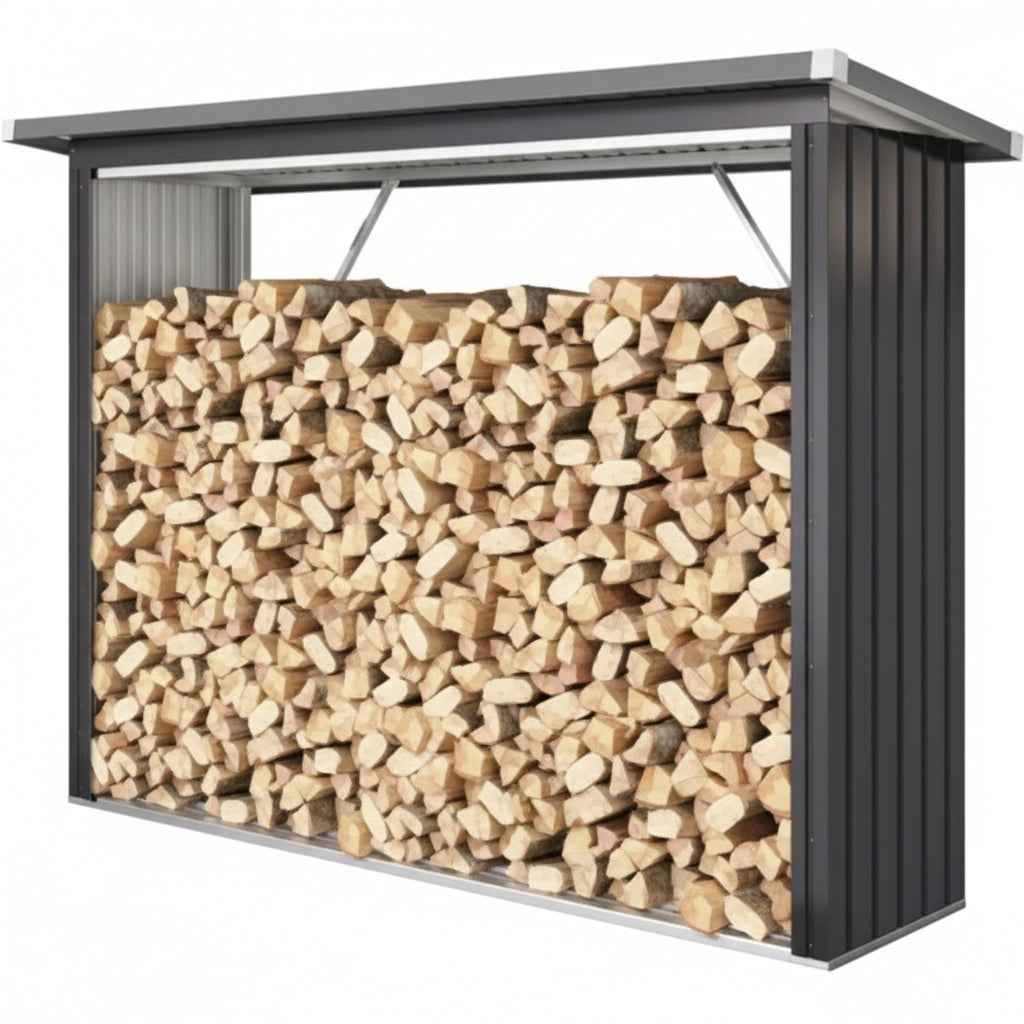 Abri à bois extérieur en acier gris foncé de 213 cm avec toit incliné, protection pour le bois, conçu par Briand Combustibles.
