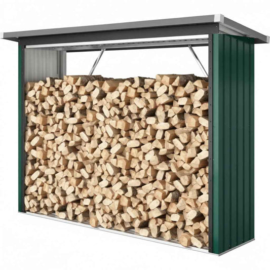 Abri à bois extérieur en acier galvanisé vert, 213 cm, conçu par Briand Combustibles, pour ranger efficacement du bois.