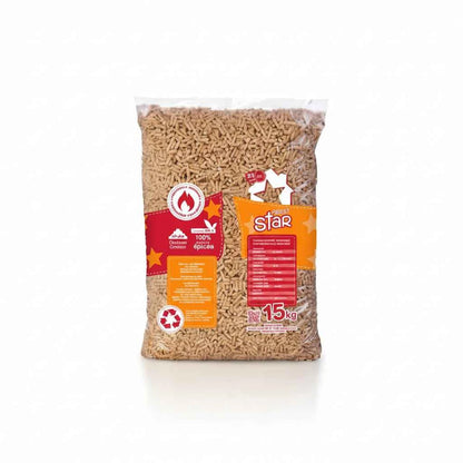 Granulés de bois Pellet Star 100% Épicéa Briand combustibles, sacs de 15 kg, granulés de chauffage écologique et haute qualité
