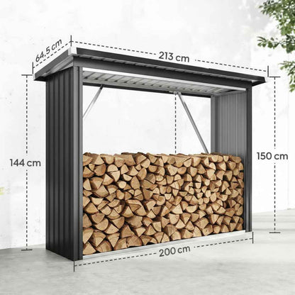 Abri à bois extérieur en acier gris foncé de 213 cm avec toit incliné, conçu pour stocker du bois de manière protégée.