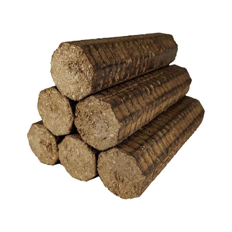 Bûches de bois calorifiques haute performance Briand combustibles, 42 cartons, stockage et utilisation en cheminée ou poêle.