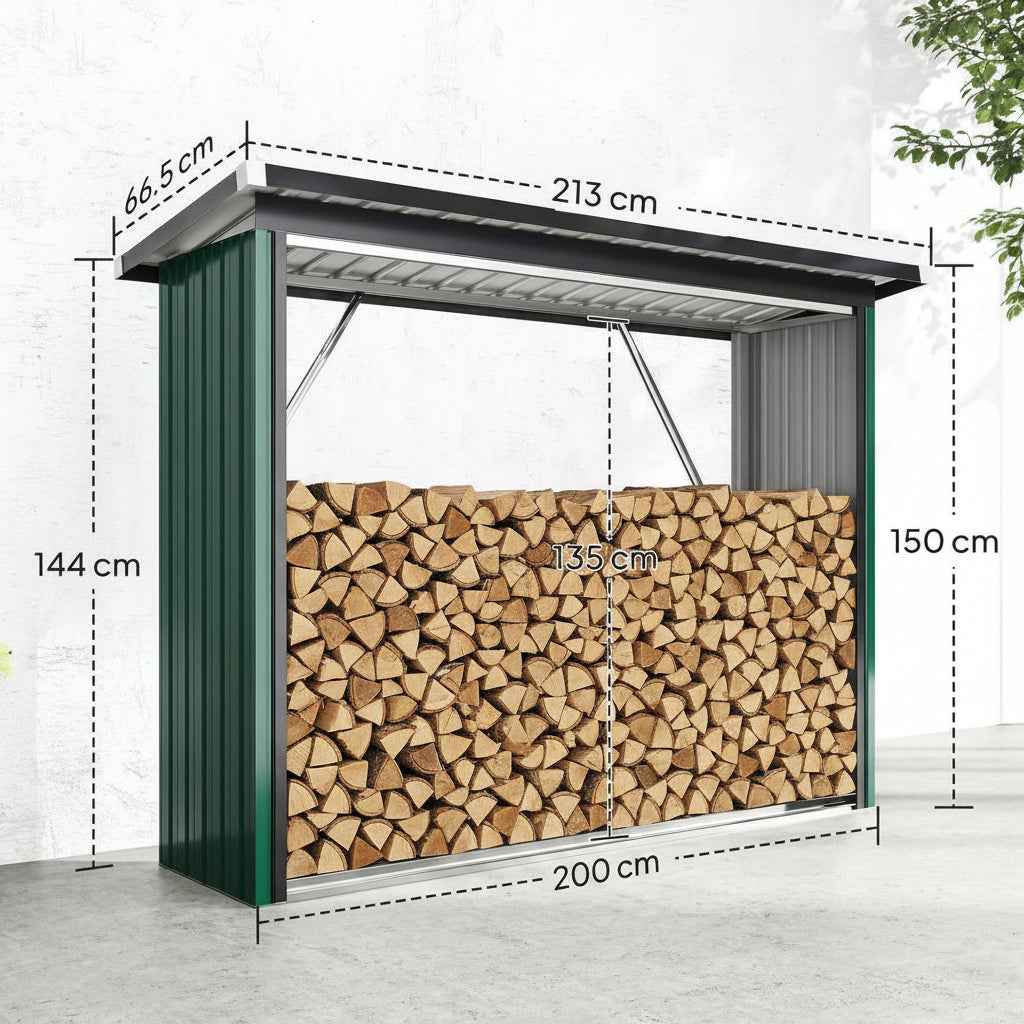 Abri à bois extérieur en acier galvanisé vert de 213 cm, structure robuste pour rangement de bois, marque Briand Combustibles.