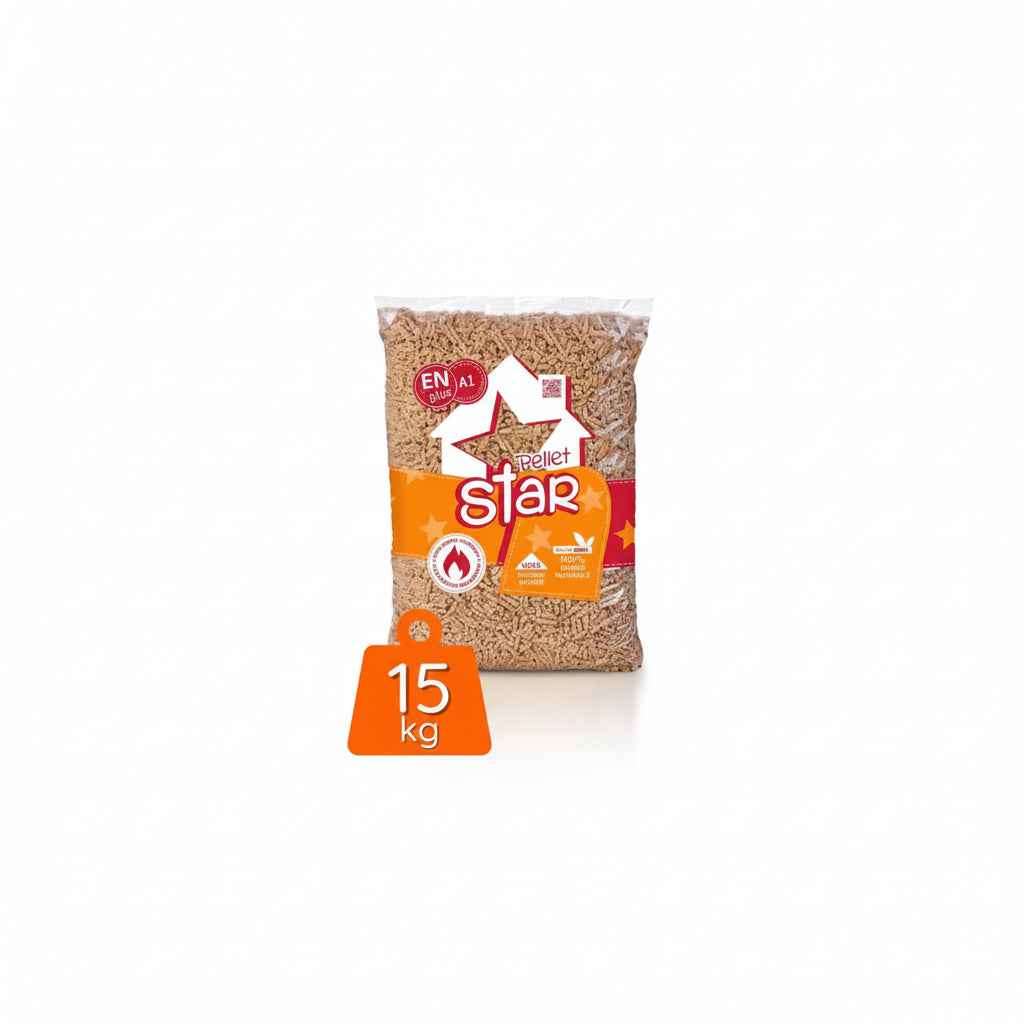Granulés de bois Pellet Star 100% épicéa Briand combustibles, sacs de 15 kg, pour chauffage écologique et performant.