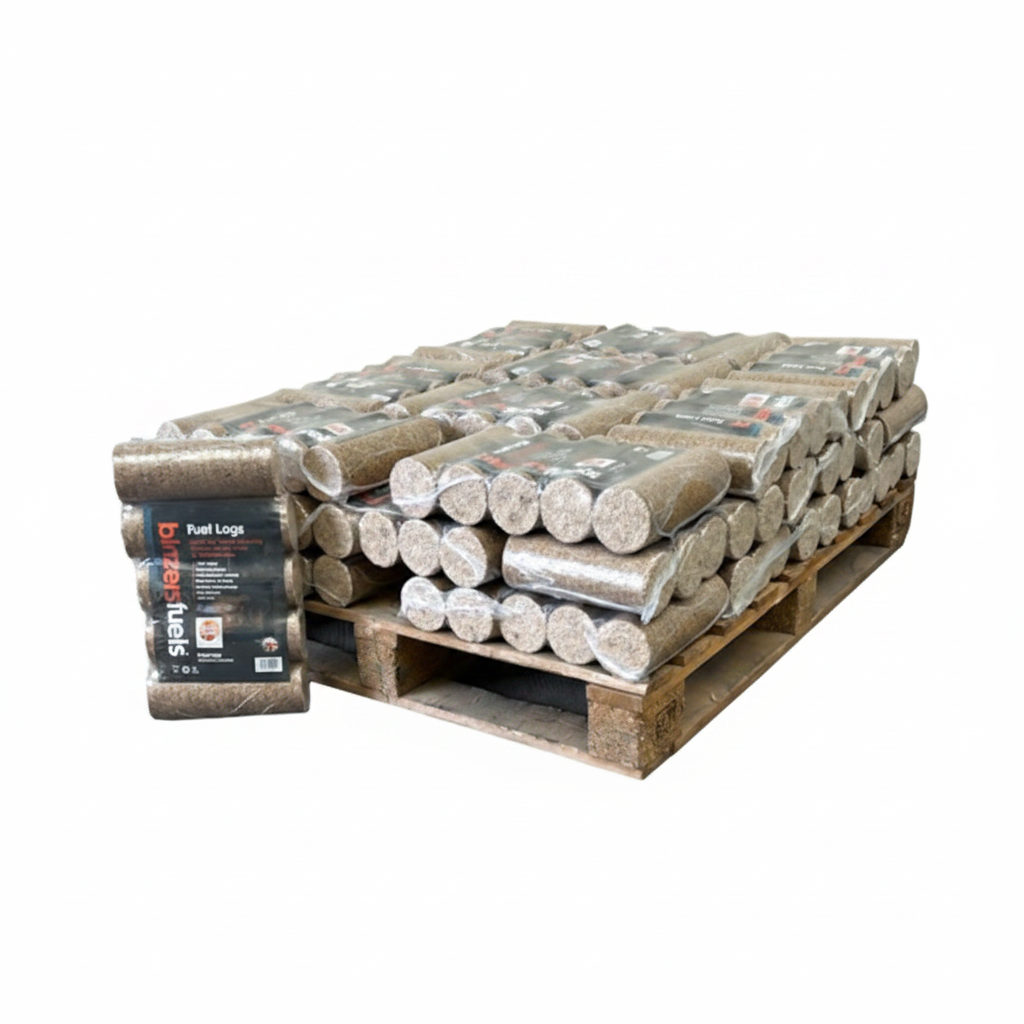 Bûches densifiées Eco-Log Fuels4Less en bois compressé FSC, prêtes à brûler, par Briand Combustibles.