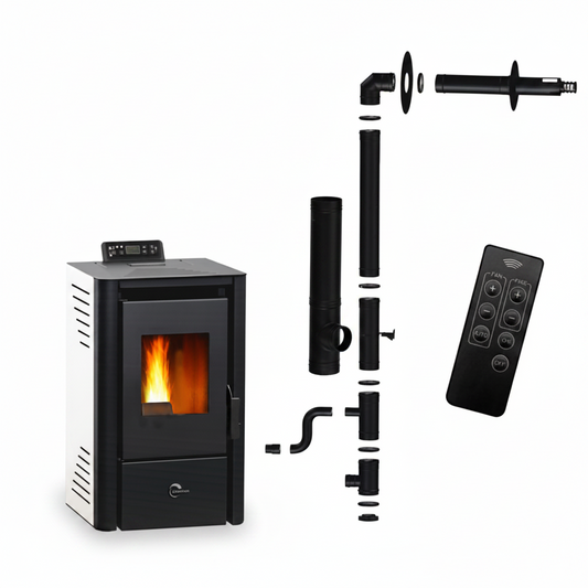 Poêle à granulés Anita SANNOVER blanc de 9,4 kW avec kit d’installation pour briand combustibles.