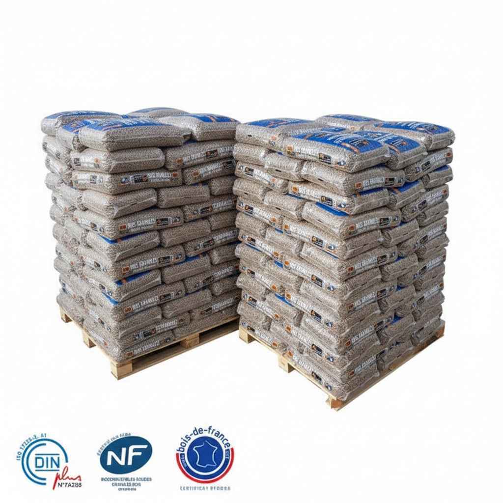 Deux palettes de granulés de bois Woodstock Briand Combustibles, contenant 132 sacs de granulés pour chauffage.