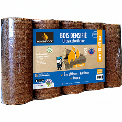 Palette de 104 packs de bois densifié Briand combustibles, bûches haute performance pour cheminée et chauffage.