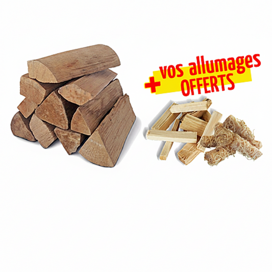 Trois packs de bois de chauffage Woodstock Briand Combustibles, 40 cm, avec allume-feux et bois d'allumage, prêt à brûler.