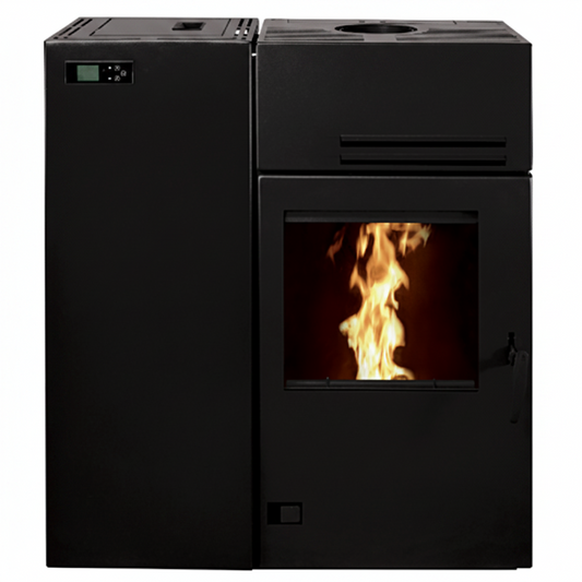 Poêle à bois hybride Briand Combustibles BRONPI, 10 kW, noir, avec option WiFi, conception mixte bois et granulés.