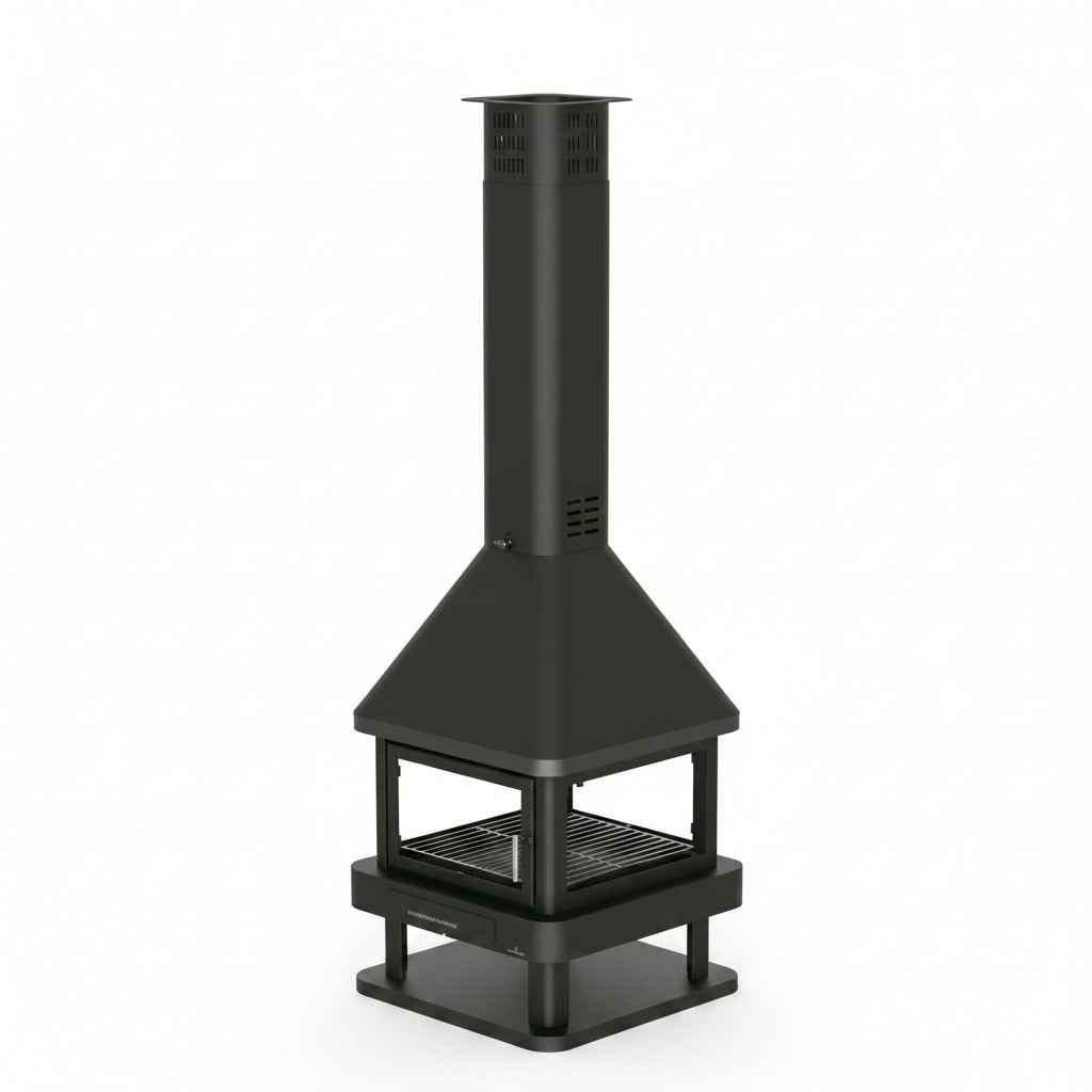 Poêle à bois BRONPI Huelva-Poêle à bois central Briand Combustibles, 15 kW, 4 vitres, A+ pour chauffage efficace.