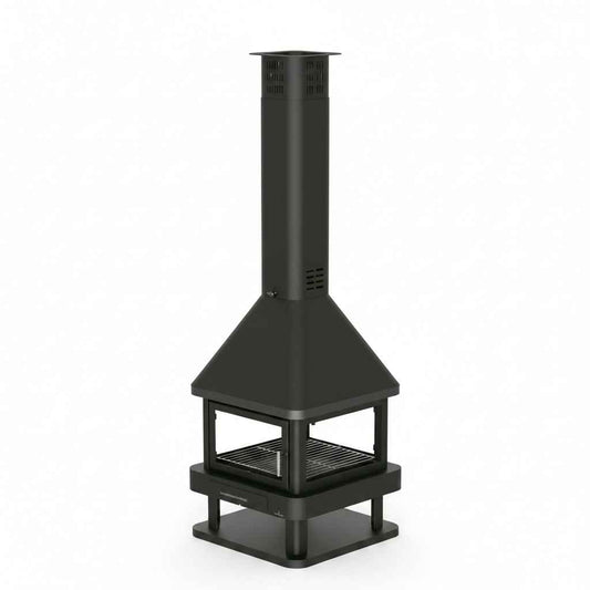 Poêle à bois BRONPI Huelva-Poêle à bois central Briand Combustibles, 15 kW, 4 vitres, A+ pour chauffage efficace.
