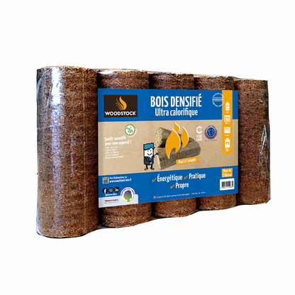 Lot de 3 palettes de bois densifié Woodstock Briand Combustibles, bûches compactes pour chauffage, image de palettes en bois.