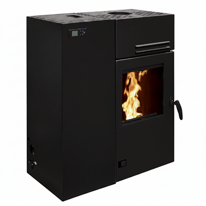 Poêle à bois hybride Briand Combustibles BRONPI, 10 kW, noir, avec options WiFi, pour chauffage mixte bois et granulés.