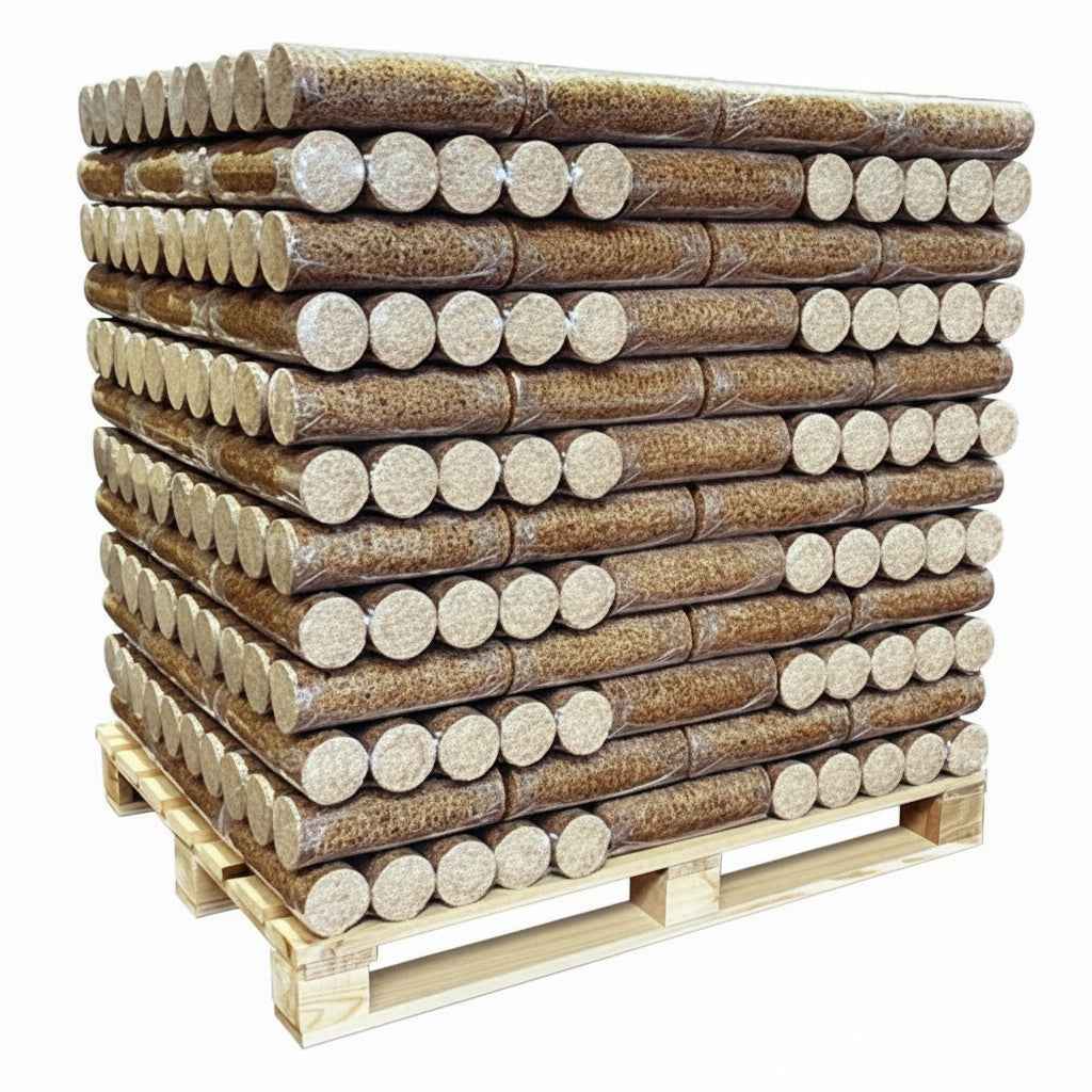 Bois densifié SimplyBûche Jour de Briand Combustibles, bûches compressées premium pour haut rendement, en palette de 960 kg.