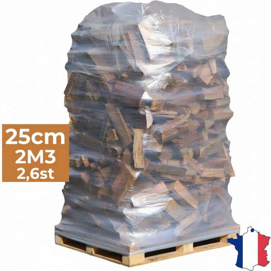 Bois de chauffage Briand Combustibles, bois sec étuvé de 25 cm, lot de 2 m³ pour chauffage efficace.