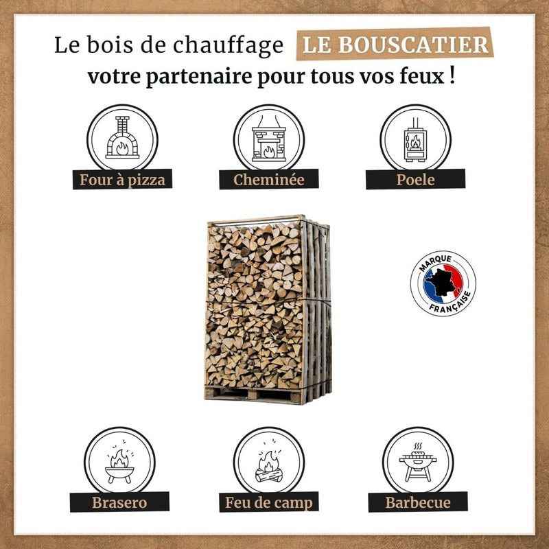 Bois de chauffage Briand combustibles, chêne et feuillus secs, 30 cm, 3 stères, prêt à brûler, dans un sac ou pile.