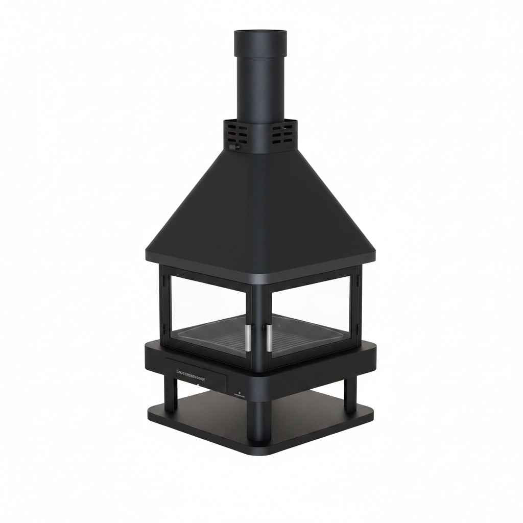 Poêle à bois Briand Combustibles Huelva-Poêle à Bois Central 15 kW avec 4 vitres, design moderne et performant.