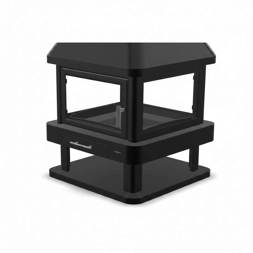 Poêle à bois Briand Combustibles BRONPI Huelva avec 4 vitres, puissance 15 kW et certification A+ en acier noir.